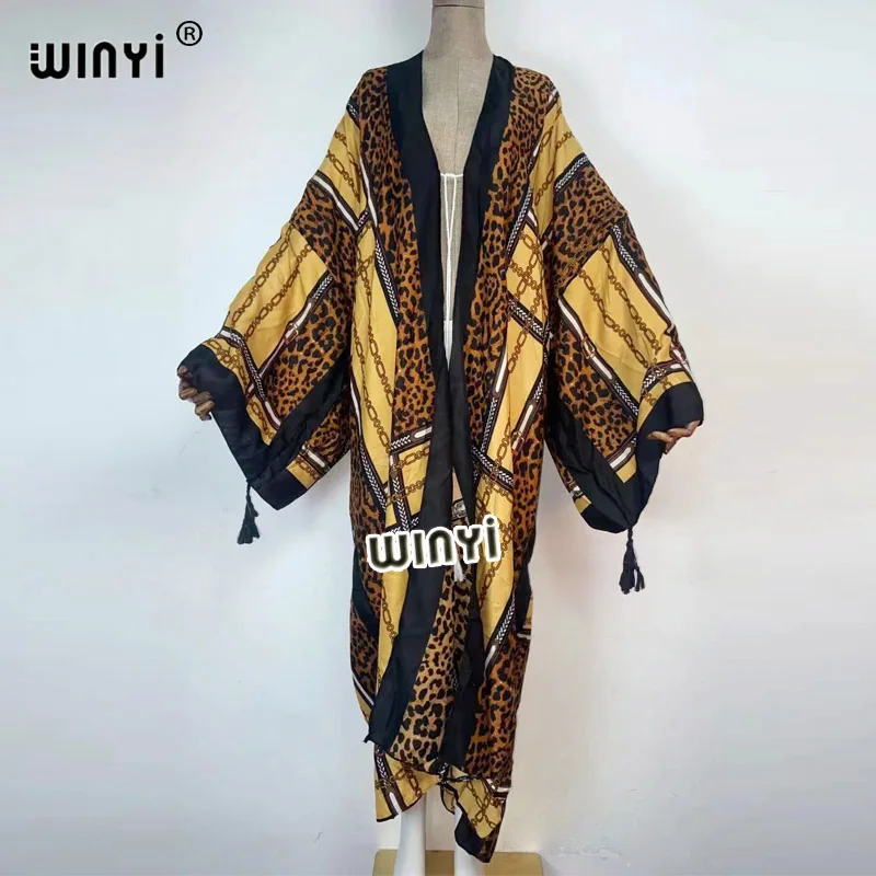 2021 WINYI new Cotton Bikini Sweet Lady Pink Boho Print Self Belted Front Open Long Kimono Dress Beach Tunic Women Wrap Dresses bikini cover up Cover-Ups