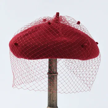 

2019 Retro Beret British Mesh Gauze Dot Cap Elegant Female Fedoras Wool Felt Mesh Bow Floral Formal Berets Fedora Hats For Women