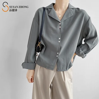 

Women Shirts Female Blouses Tops Full Long Sleeve Modern Official Notched Collar Button Breasted Cotton Vintage Loose Short Fall