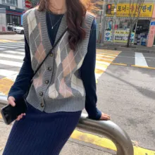 Корейский винтажный Аргайл принт свитер жилет без рукавов женский Осень Зима однобортный Свободный вязаный кардиган пальто