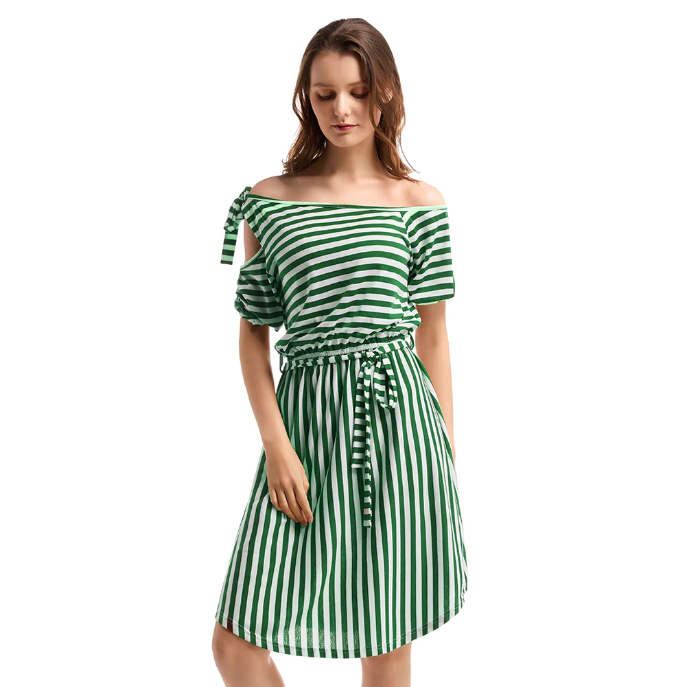 

Bikitique Solid Stripe Print One Neck Short Sleeve Waist Closed Sexy Dress Women Casual Belt Bodycon Dress Off Shoulder Vestidos