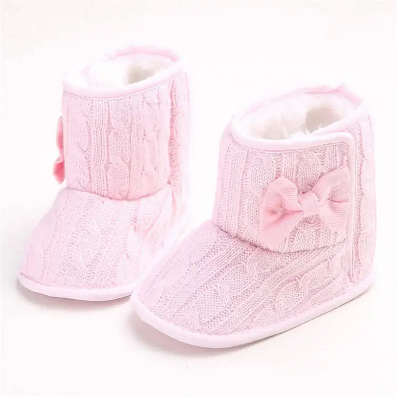 

2019 Winter Pink Cute Bowknot 0-2 Years Boy Girl Indoor Baby Snow Boots Booties Warm Plush Fluff Cotton Sole Non-slip Crib Shoes