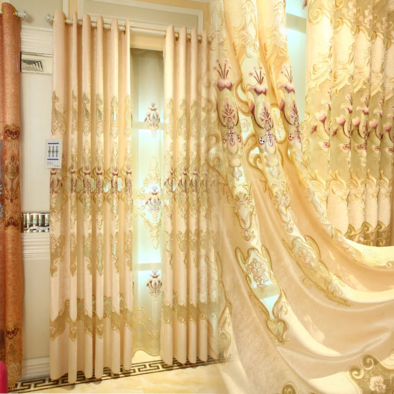

High-end Curtain for Bedroom Chenille Embroidery Curtain for Living Room Cloth Europe Type Hollow Out Valance Gold Curtains