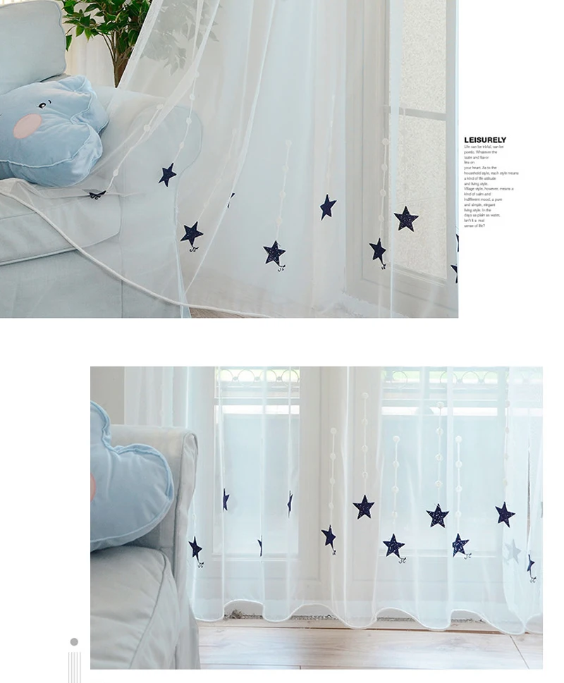 Embroidered Star Curtains for Living Room Bedroom Summer Pink Sheer Kid Boys Room Window Drapes for Party Decor Kitchen Home