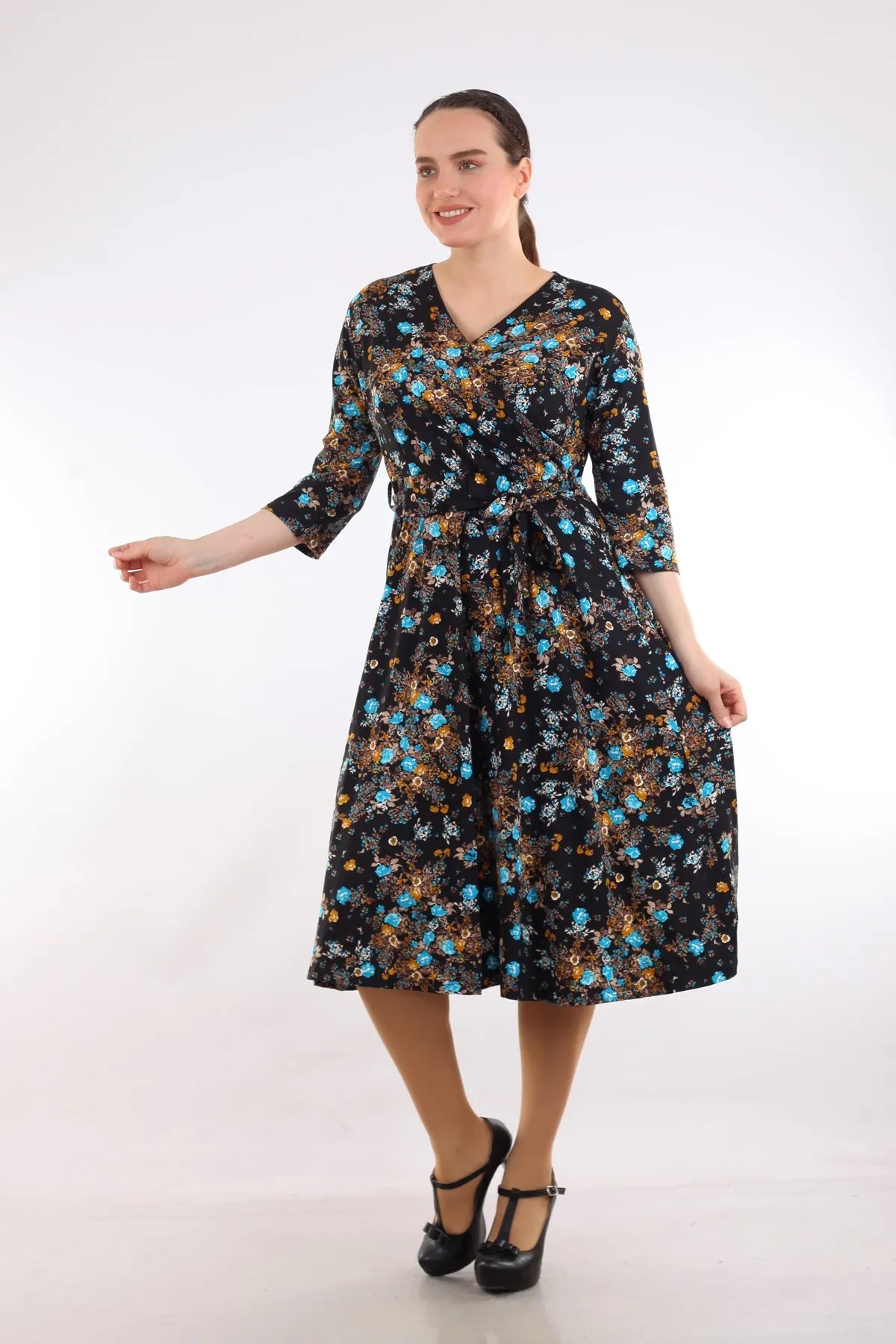 

Women's Plus Size Three Quarter Sleeve Double Breasted Collar Sports Evening Casual Dress Multicolor 1554