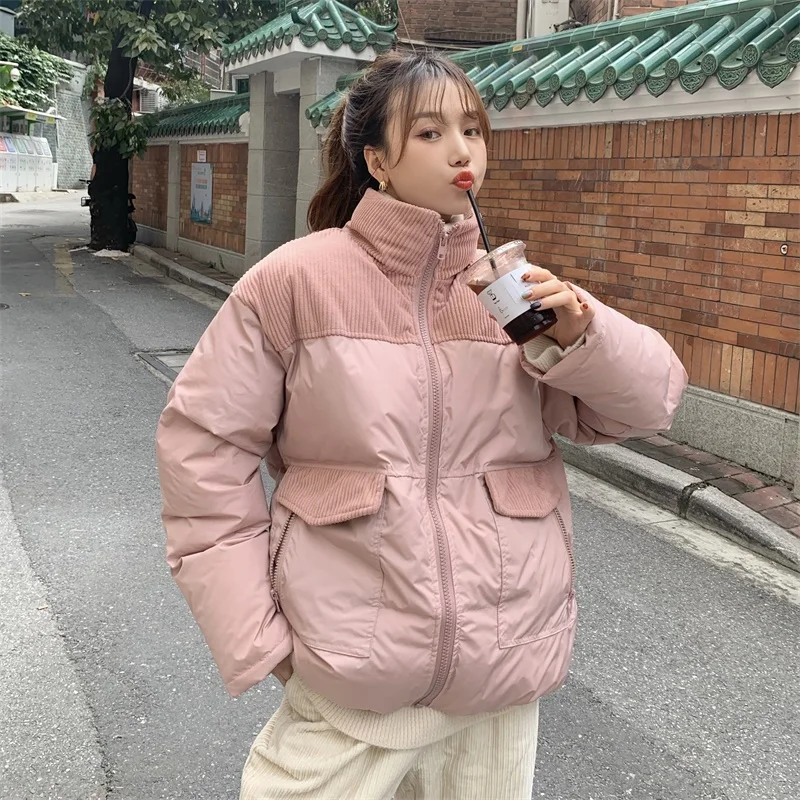 

Women'S Winter Jacket Large Size Long Sleeve Stand Collar Thick Warm Large Pocket Pink Blue White Women'S Parka Coat