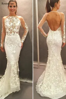 

Lace Mermaid Wedding Dresses 2019 Jewel Long Sleeves Backless Sweep Train Appliques Modest Bridal Gowns Vestido De Novia Custom