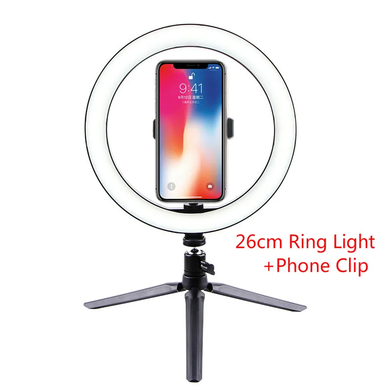 26cm Clip Tripod Фон для фотосъемки светодиодный селфи кольцо светильник 16/26 см с регулируемой яркостью фото студия светильник с мини-штатив usb-разъем для макияжа Youtube мобильного телефона в реальном времени - Цвет: 26cm Clip Tripod