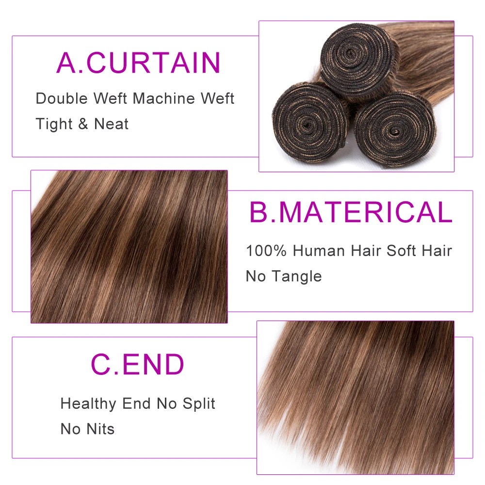 Highlight Bundles Malaysian Straight Human Hair Bundles Ombre Brown Straight Hair 3 Remy Human Extensions