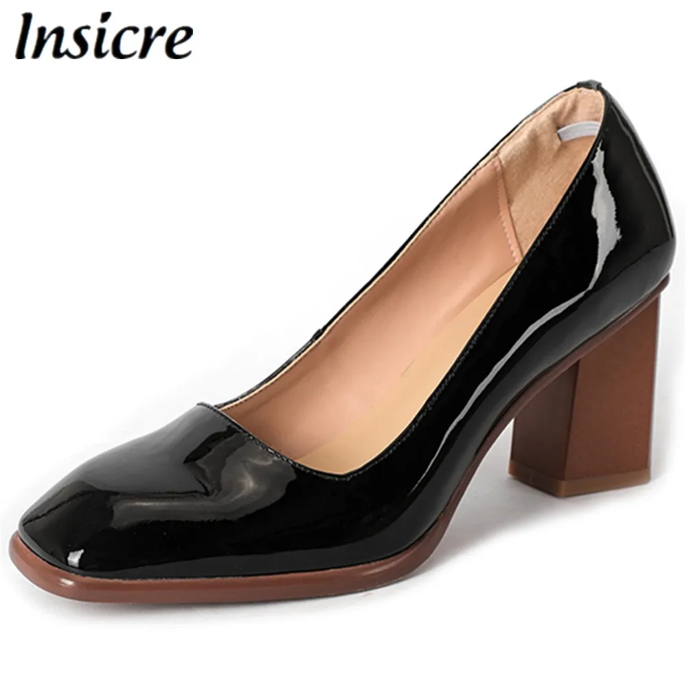 

Insicre Women Pumps Thick Heel 7.5 cm Cow Leather Square Toe Slip On Female High Heel Shoes 2020 Spring Black Patent Leather