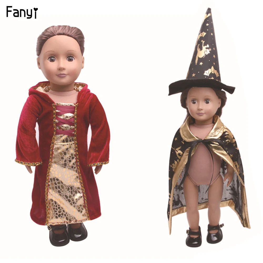 Doll cloth for halloween baby toy black wizard robe with hat and red queen robe dress suit 18 inches american toy doll accessory