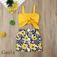 Одежда для маленьких девочек, кроп-жилет, топ, юбка, платье, комплект из 2 предметов, пляжный костюм, модное с лямками, топ с бантом+ юбка с принтом на пуговицах, костюм