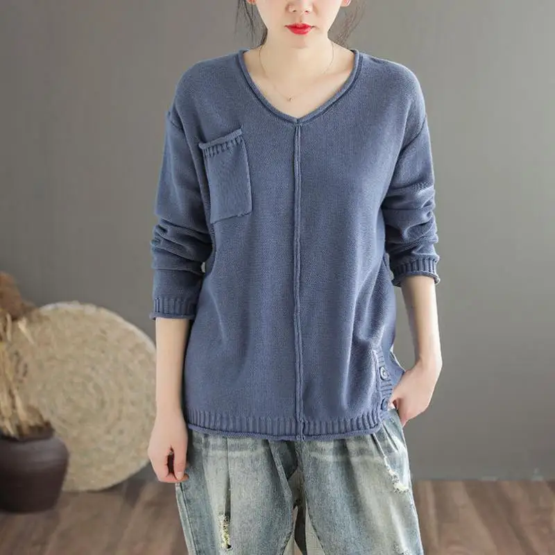 Johnature 2020 New Spring Autumn Fashion V-neck Button Pocket Long Sleeve Sweater Leisure Simple Solid Color All-match Women Top | Женская