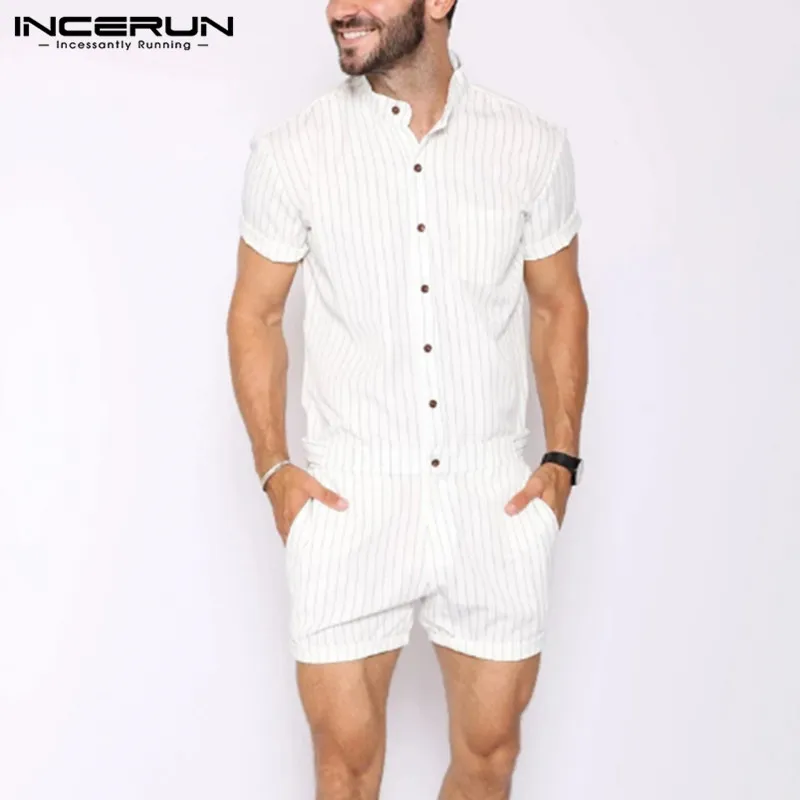 Men Striped Rompers Joggers Stand Collar Short Sleeve Fashion Playsuits 2020 Streetwear Chic Mens Jumpsuits Shorts S-5XL INCERUN
