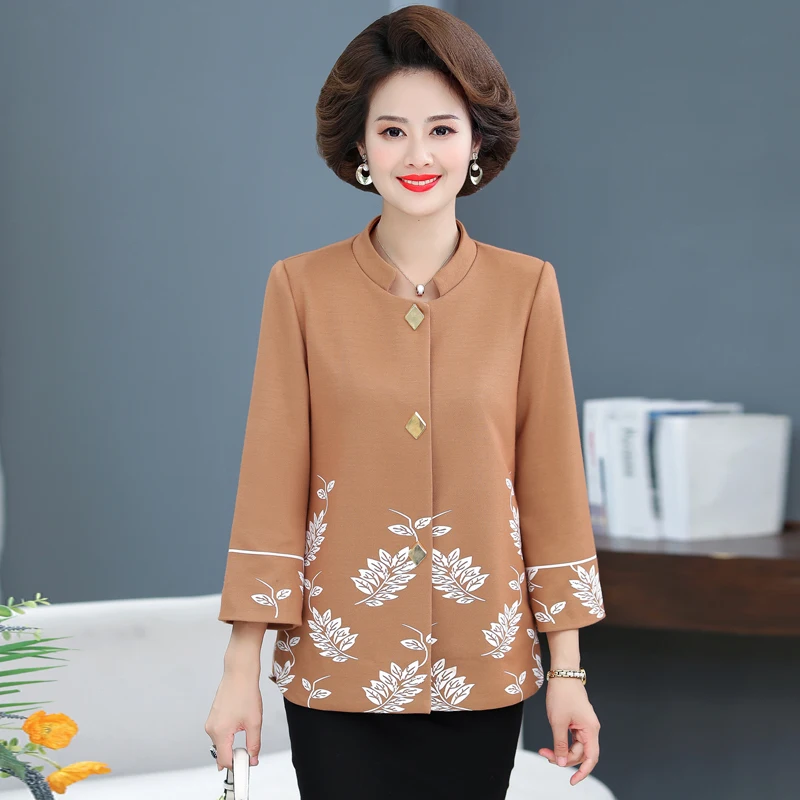 Mature Women Blazer Smart Casual Jacket Suit For Office Lady Autumn Spring Blue Red Khaki Oufits Leaf Printing Blazers XXXXXL