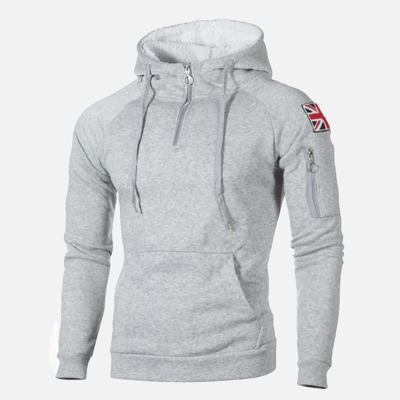 Linght Gray Winter Hooded Fleece Thicken Mens Sweatshirt Zipper Badge Pockets Patchwork Male Hoody Casual Solid Warm Man Pullover Tops - Цвет: Linght Gray