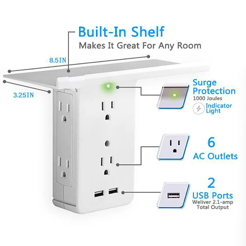 Tomada de Energia Saída de Conversão 1 a 6 Americano Casa Bandeja Suporte Soquete Porta Eua Mais 2 * 2.1a Portas Usb Prateleira
