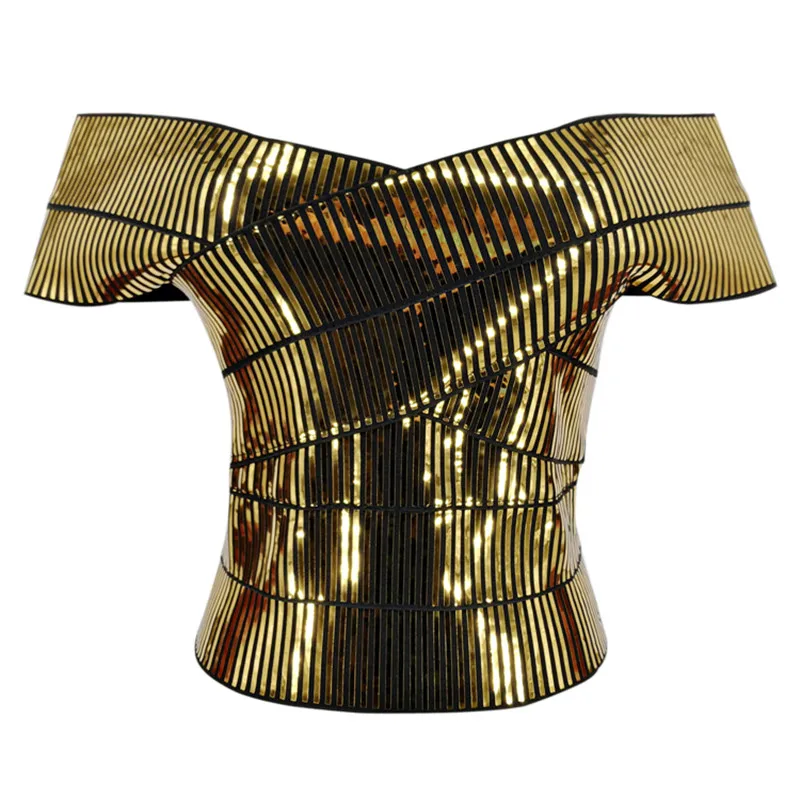 

2024 Women Gold Silver Camis Wrapped Bustier Off the Shoulder Tank Crop Tops Sexy Summer Short Sleeve Club Cropped Feminino