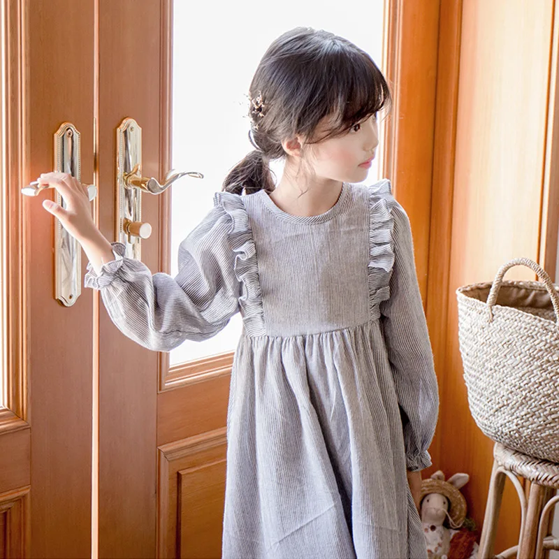 

Maxi Long Teen Children Dresses Girls 12 10 14 Years Striped Cotton Baby Autumn Winter Spring Girl Fall Dresses Petal Sleeves