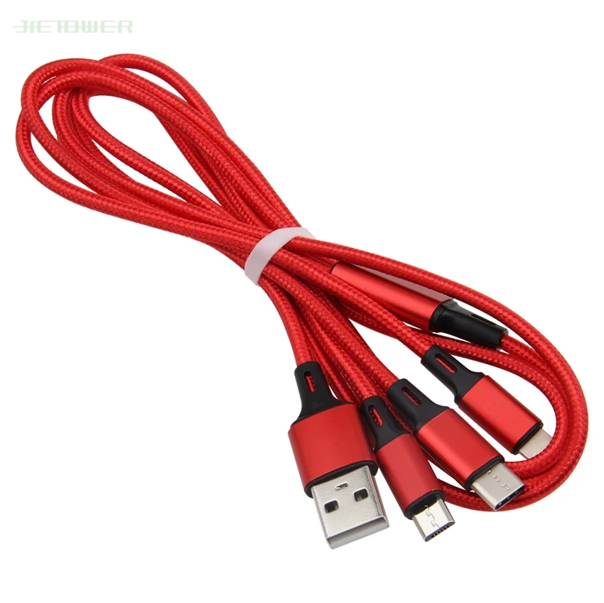 Красный 300pcs/lot 3In1 USB Cable for IPhone Fast Charging Cable Micro USB Type C 3in1 Mobile Phone Cables Charge Cord for Samsung Note8 - Цвет: Красный