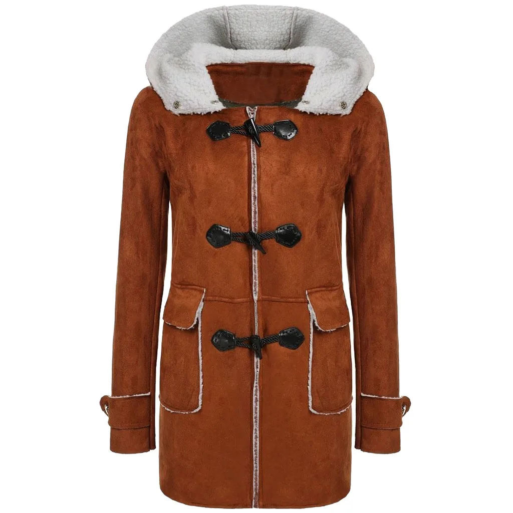 Зимние женские пальто с капюшоном из роговой кожи и овечьей шерсти с пряжкой из искусственного меха, флисовая верхняя одежда, теплые модные пальто и куртки, одежда - Цвет: Хаки