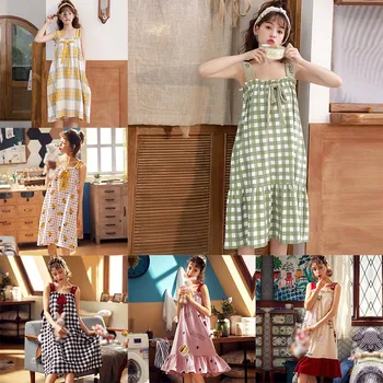 

Women Night Dress Strapless Homewears Plaid Nightgown Fashion Lady Sexy Sleepwears Female Nightie