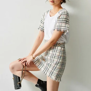 

Small fragrance Plaid Wrap women skirt stitching fringed high waist skirt