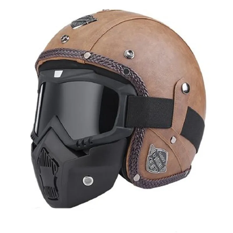US Motor Bike Vintage PU Leather Motorcycle Helmet Full Face Mask w/ Goggle DOT 