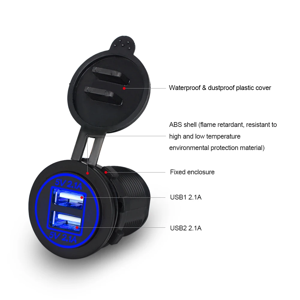 

Dual 2 USB Outlet 2.1A Port Socket Charger Power Adapter for Car Boat Motorcycle Blue LED Backlight