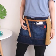 

WEEYI Blue Half Aprons Restaurant Waitress Kitchen Chef Apron Denim Short Waist Bar Household Cleaning Apron Bow w/ Pockets