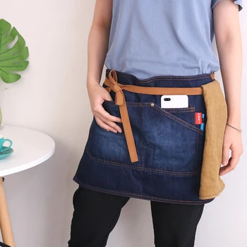 

WEEYI Blue Half Aprons Restaurant Waitress Kitchen Chef Apron Denim Short Waist Bar Household Cleaning Apron Bow With Pockets