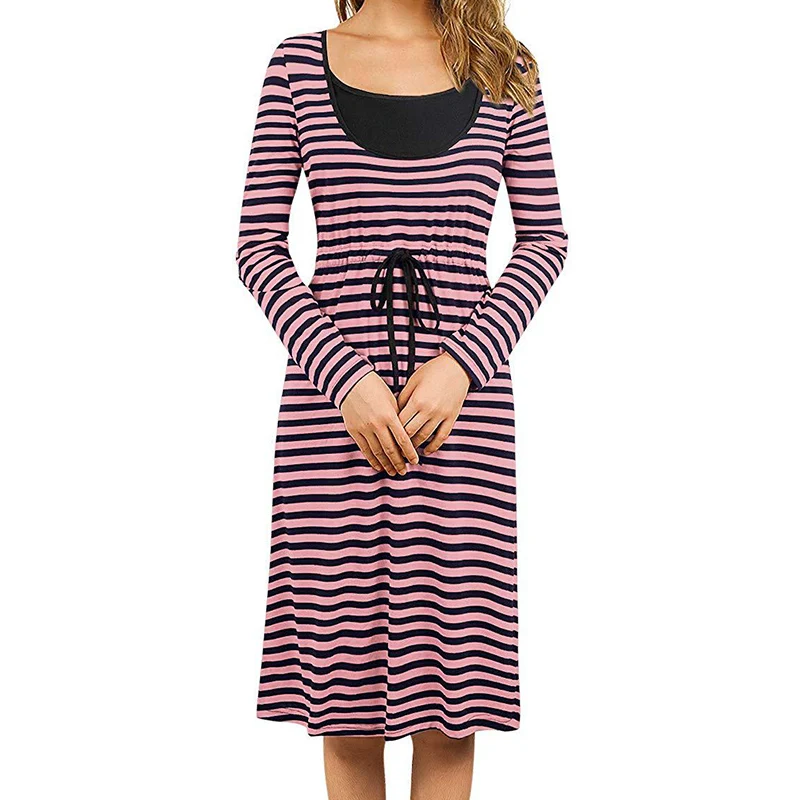 Pregnant Women Breastfeeding Clothes Autumn Winter stripe Lactation Maternal Dress Nurse Pregnancy Casual Receiving Waist Dresse - Цвет: Pink stripe