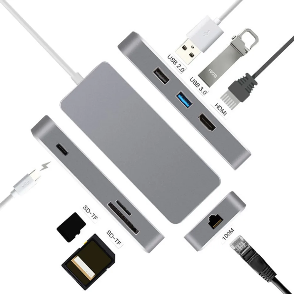 Горячий тип C USB C концентратор 7 в 1 многопортовый USB 3,0 type C к HDMI USB 3,0 RJ45 SD/TF кардридер зарядка PD адаптер конвертер для Mac