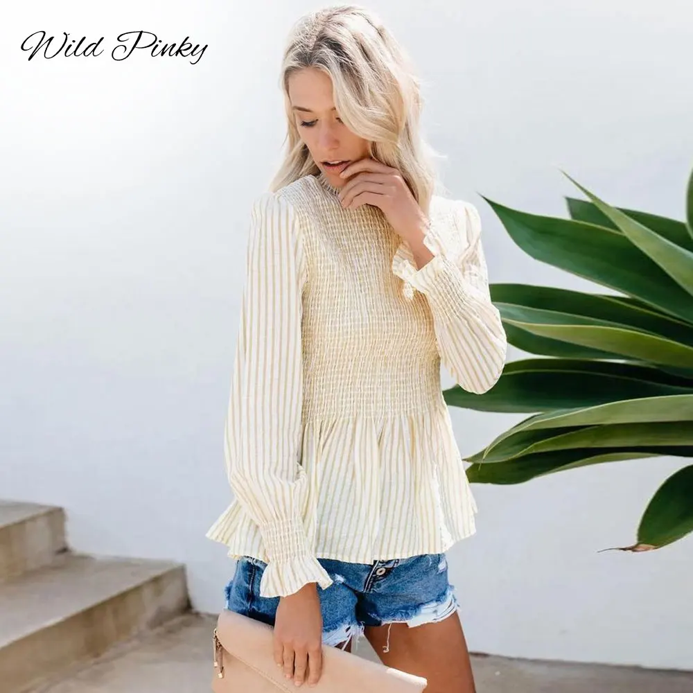 

WildPinky Elegant Beige Striped Blouse Shirt Women Sexy Ruffle Feminine Blouse Women Long Flare Sleeve Summer Tops Female Blusas