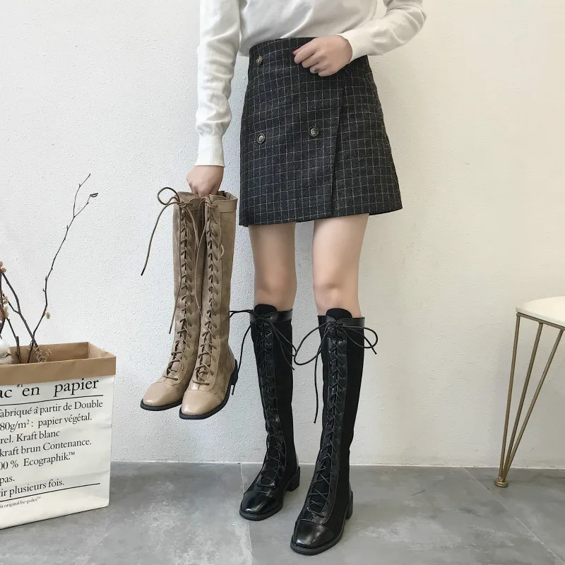 2019 women's knee-high boots fashion black lace up autumn shoes slim stretch fabric rubber sole solid female long high boot