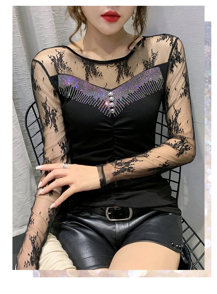 New 2020 Autumn long sleeve Women t-shirts Fashion Sexy hollow out Hot drilling Mesh shirt Plus size womens shirt blusas
