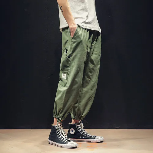 Осенние мужские брюки карго с несколькими карманами, штаны-шаровары с эластичной талией в стиле хип-хоп, повседневные свободные штаны для бега, Мужские штаны длиной до щиколотки - Color: green