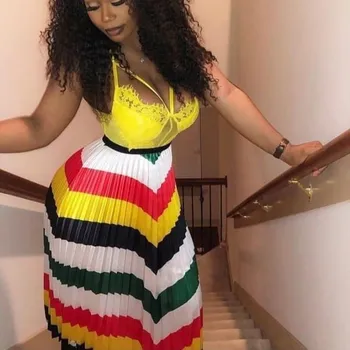 

2019 New Colorful Printed Stripe Pleated Skirt Striped Women Summer High Waist A-Line Long Skirt Baech Party Skirt