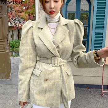 

Korean Plaid Thicken Overcoats Jackets Women Long Sleeve Notched Collar Sashes Vintage Fashion Coats Outwear Tops 2020