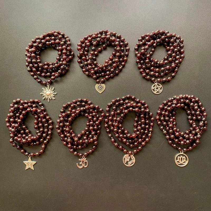 

Натуральный гранат, хрустальные круглые камни, браслет 108 Mala С узлом, ожерелье из натурального камня, орнамент для медитации