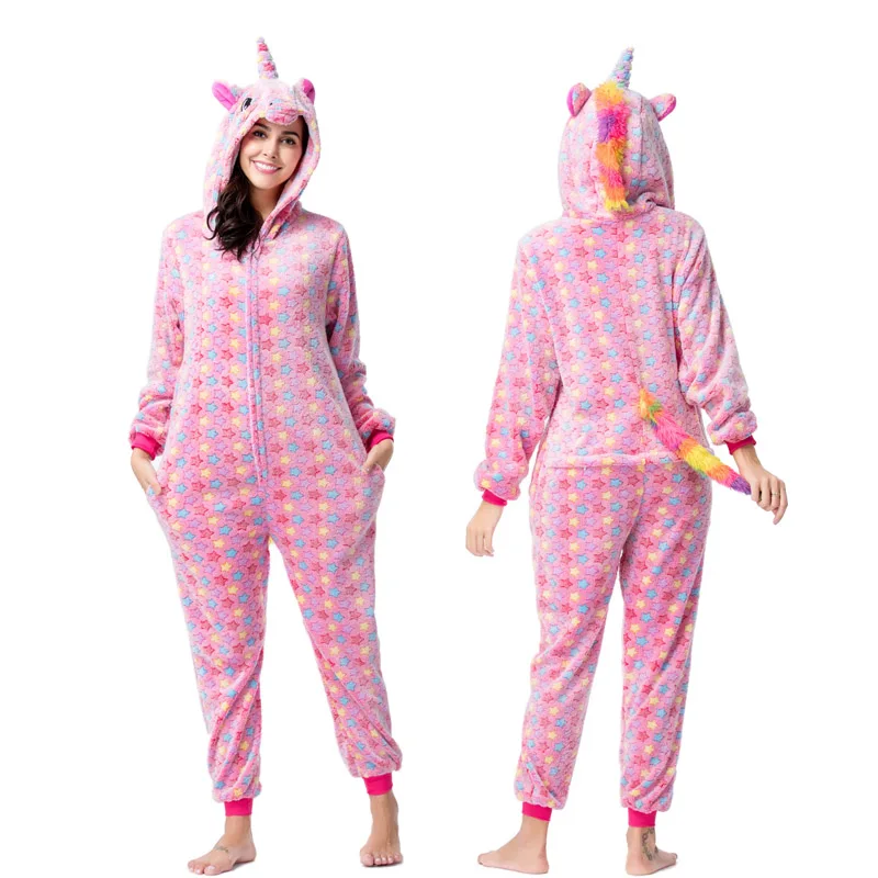 Зимние мягкие женские животные единорог панда пижамы onesies фланелевые стежка с капюшоном пижамы взрослые мужчины женщины рождественские пижамы домашний костюм пижама женская ночнушка