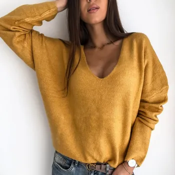 

Women Sweater Autumn Winter Warm Solid Color Long Sleeved V Collar Loose Pullover Knitted Tops Bottom Sweater 4 Colors