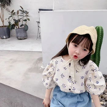 

adbaby Children's Clothing 2020 Summer New Girls Korean Summer Puff Sleeve Cotton Short Sleeve Shirt 20372