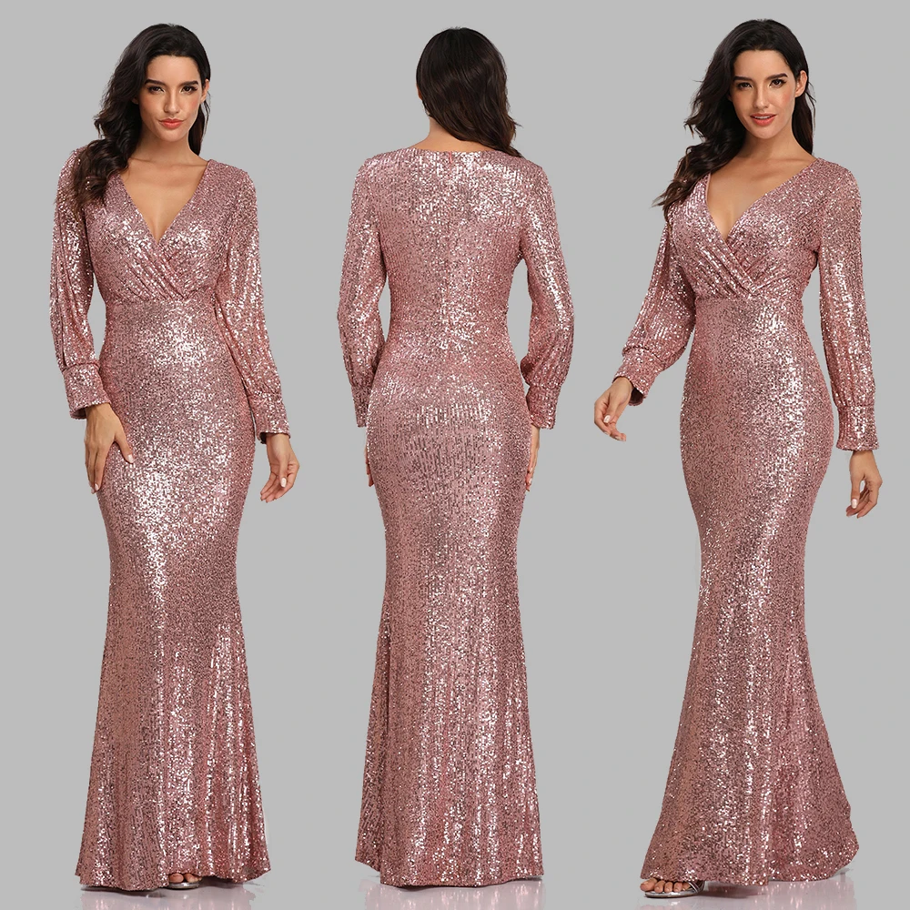 Sexy V-neck Mermaid Evening Dress Long Formal Prom Party Gown Full Sequins long Sleeve Galadress Vestidos Women Dresses 2021