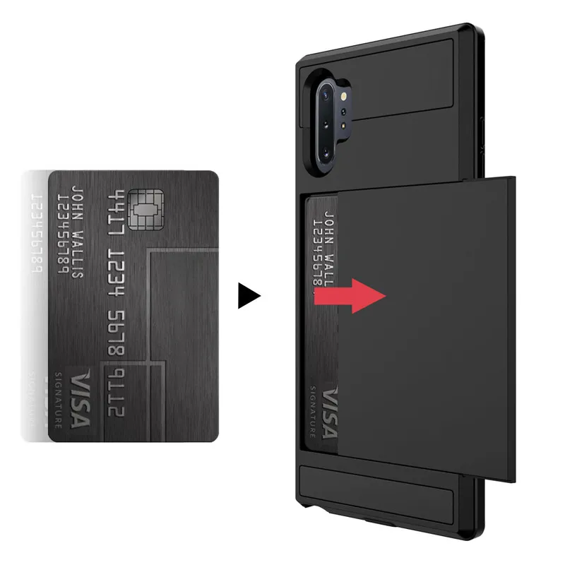 

For Samsung Galaxy Note10 / Note 10 plus 5G Rugged Armor Wallet Slide Card Slots Holder Cover For Note 10 Hybrid PC Hard Case