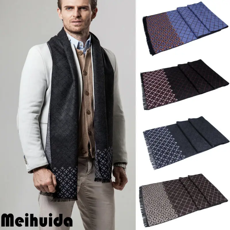 Модные шарфы для мужчин, зимний теплый клетчатый шарф, деловые клетчатые палантины, мужские шали, шарф на шею, длинный шарф, мужской шейный платок