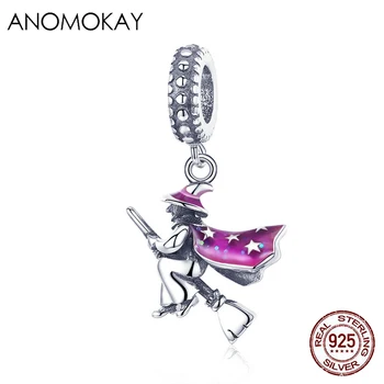 

Anomokay Real 100% 925 Sterling Silver Magic Witch Pendant Charms fit Bracelet Bangle S925 Silver Jewelry for Halloween Gift