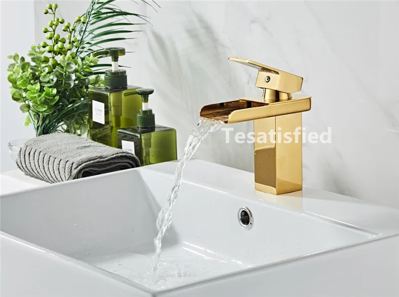 Новое поступление кран золотого цвета Водопад кран Раковина кран смесителя горячей холодной воды смесители для ванной комнаты с одной ручкой смеситель