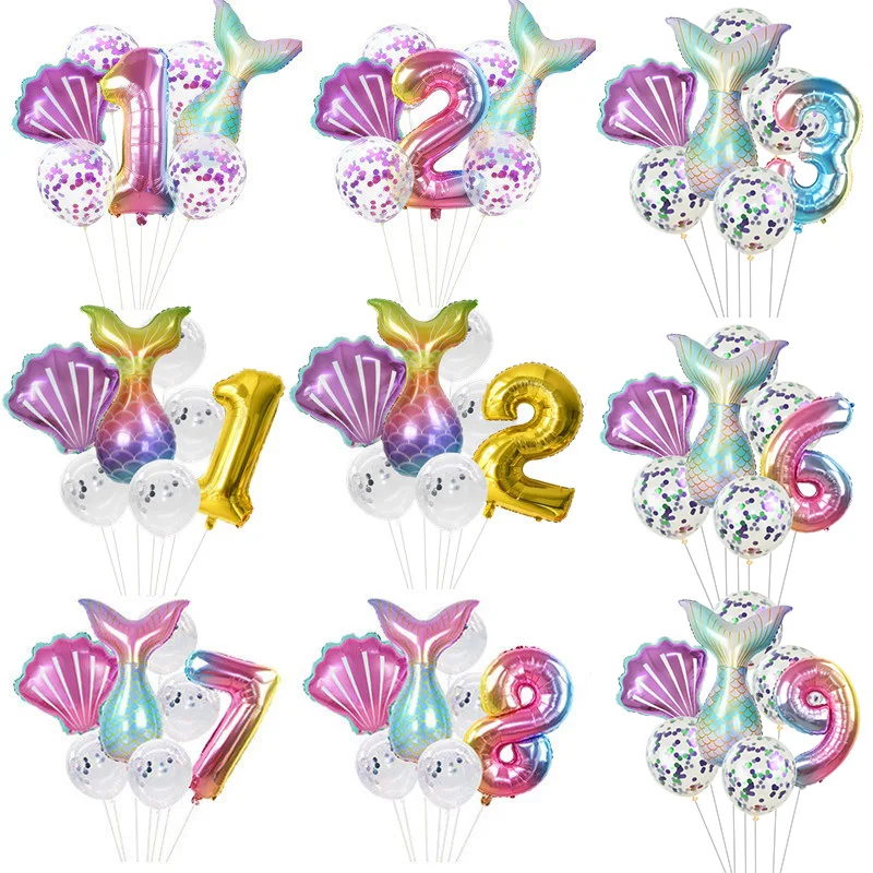 7Pcs/set 32inch Number Balloon Mermaid Tail Ballon Wedding Anniversary Decoration Baby Shower Kid Birthday Party Supplies
