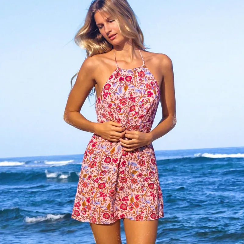 TEELYNN Halter pink Floral print Summer Dresses boho beach Sexy sleeveless backless Mini Dress Women cover up Casual Vestidos